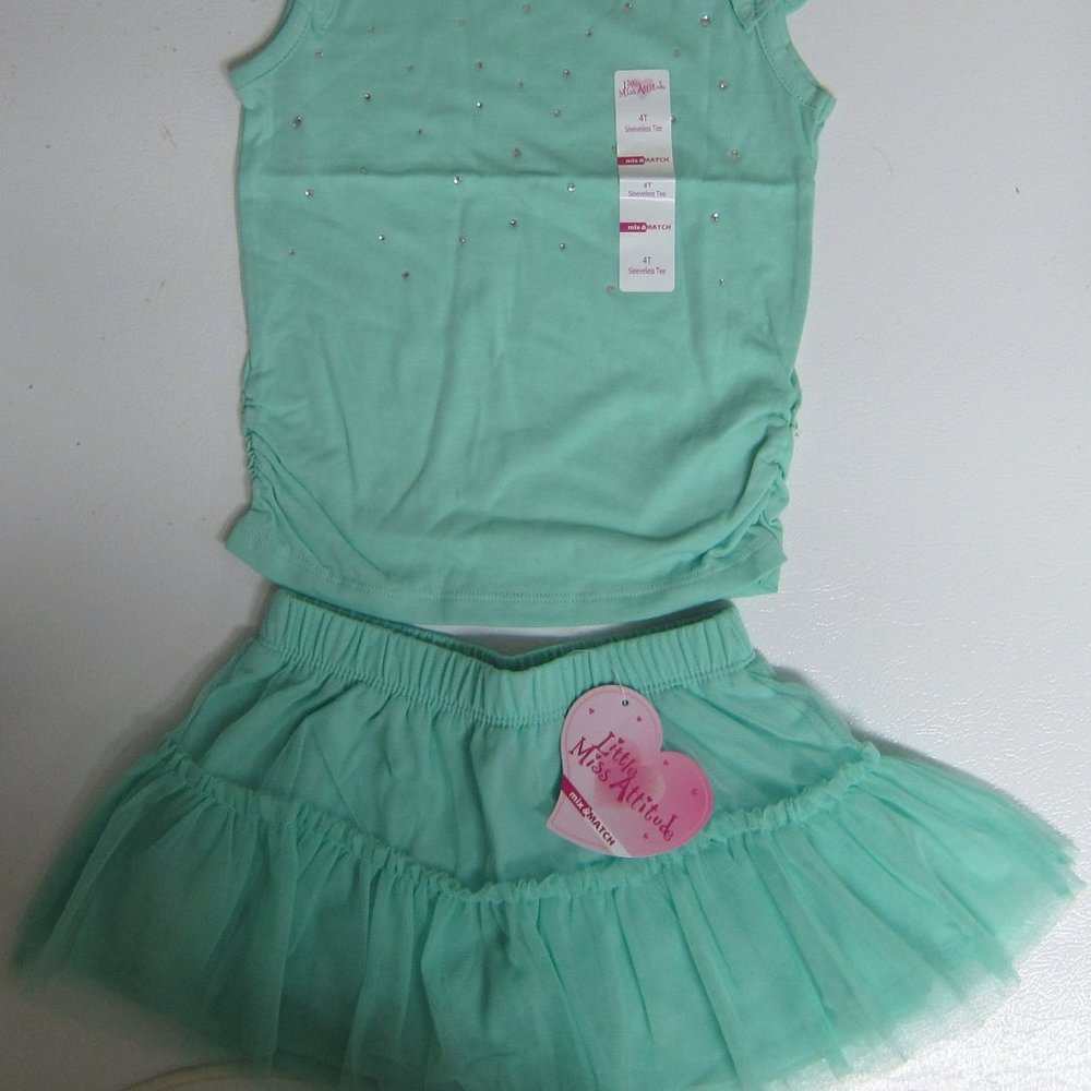 Little Miss Attitude Sea Cap Green Sz 4T Net Skort Rhinestone Tee NEW